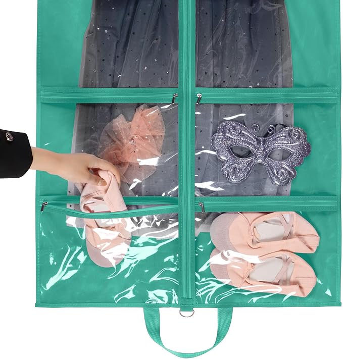 KEEGH CLear Garment Bags for Dance Costumes 40 inch Dance Garment Bags for Dancers Hanging Clothes for Closet Storage, with 4 Zipper Pockets for Dance Competitions, Ballet, Theatre, 2 Pack, Green