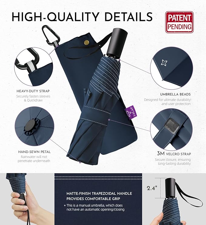 Windproof Travel Umbrella - Manual Open Close with No Rebound for Seniors & Kids, 43" Compact and Portable for Rain, Thoughtful Gift for Wife Husband Child