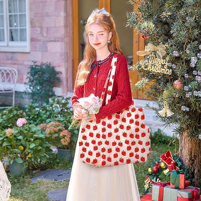 Corduroy Tote Bag for Women,Large Capacity Cute Tote Bags With 6 Pockets,Crossbody Shoulder Handbag for Work Travel Gym