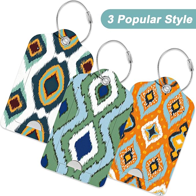 Rimilak 3 Pcs PU Leather Luggage Tags for Suitcase, Travel Cruise Luggage Tag with Privacy Flap, Name ID Label and Metal Loop for Women Men Baggage Handbag School Bag Backpack, Abstract Diamond