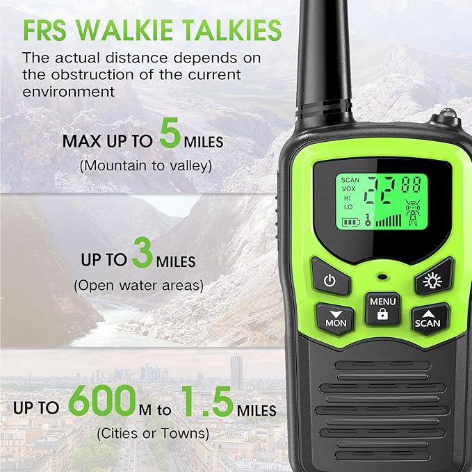 MOICO Walkie Talkies for Adults with 22 FRS Channels, LED Flashlight, VOX Scan LCD Display, Long Range Family Walkie Talkie Radios for Hiking Camping Trip (Green)