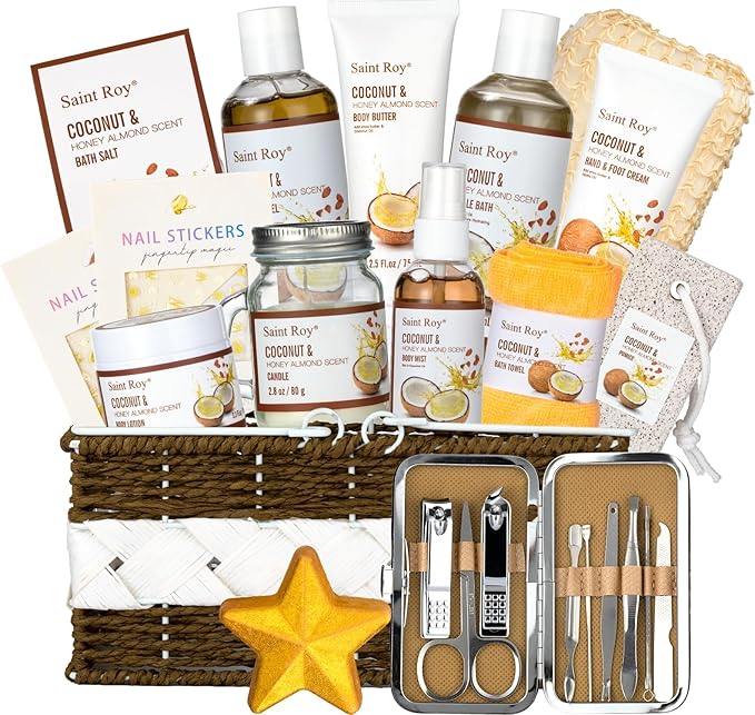 Mothers Day Gifts for Women, 26Pcs Coconut Honey Almond Spa Gift Basket for Women & Men Spa Gift Bask,Spa kit Bath and Body Basket Set, Large Home Spa Kit, Relaxing Self-Care Birthday Bridal Shower