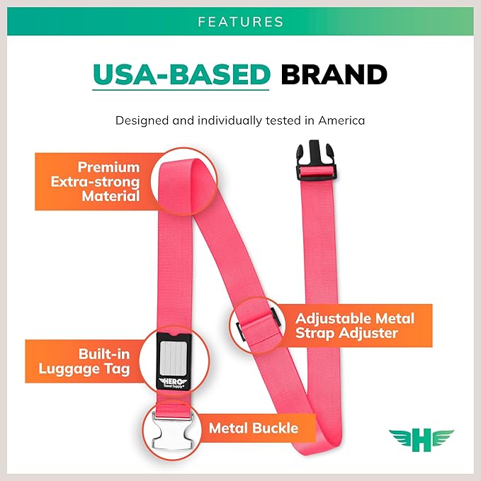 Hero Luggage Straps for Suitcases and Carry-On (2-Pack) Heavy-Duty Secure Belts with 700+ lbs. Max Force Tension (Green/Pink)