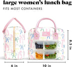 Fit & Fresh Bloomington Lunch Bag for Women - Insulated Large Lunch Box for Work with Containers, Leak-Resistant, Stain-Resistant, Zipper Closure, Pink Dainty Bows