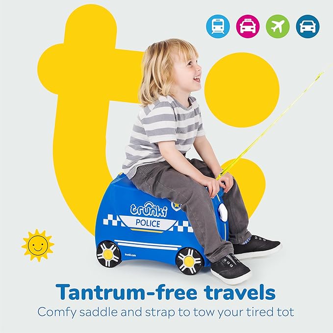 Trunki Ride-On Kids Suitcase | Tow-Along Toddler Luggage | Carry-On Cute Bag with Wheels | Airplane Travel Essentials: Percy Police Car Blue