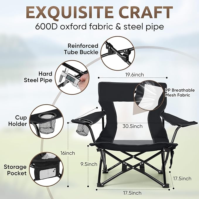HaSteeL Folding Beach Chair Set of 3, Foldable Black Camping Chairs & Grey Table for Outside, Low Beach Chair Portable for Adults Fishing, Picnic, Outdoor BBQ, Cup Holder & Storage Bag
