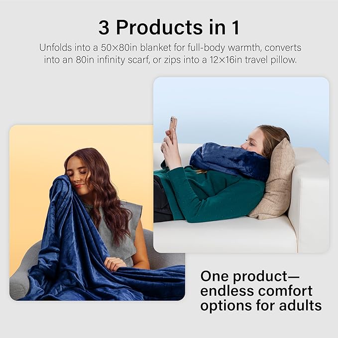 NAPRO 3‑in‑1 Travel Blanket Pillow Scarf – Convertible 50×80″ Blanket, 12×16″ Pillow, 80″ Infinity Neck Pillow – Lightweight, Plush – Navy Blue