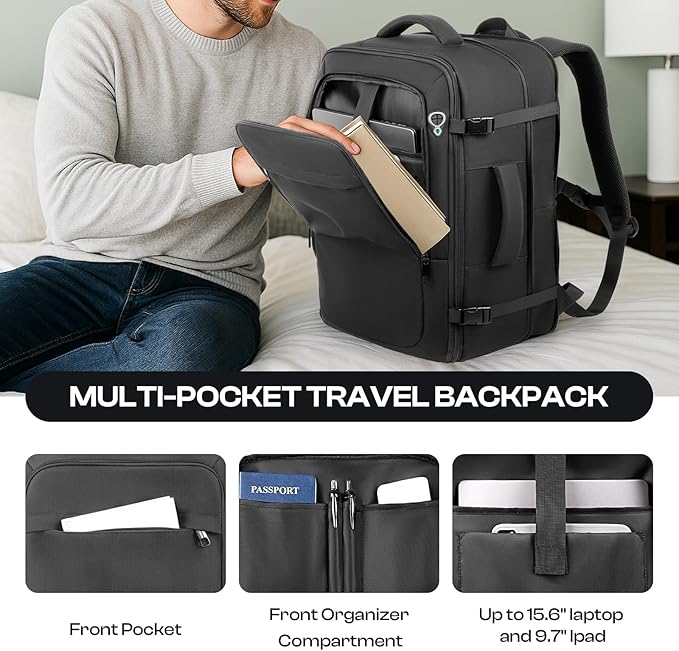 Carry on Backpack, Extra Large 55L Travel Backpack TSA Approved, Expandable Laptop Bagpack with durability, Water Resistant Bag Compatible with 18.4 inch Laptops, Black