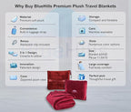 BlueHills Premium Soft Travel Blanket Pillow Airplane Blanket Packed in Soft Bag Pillowcase with Hand Luggage Belt and Backpack Clip Compact Large Long Flights Traveler Essentials Lightweight Red T001