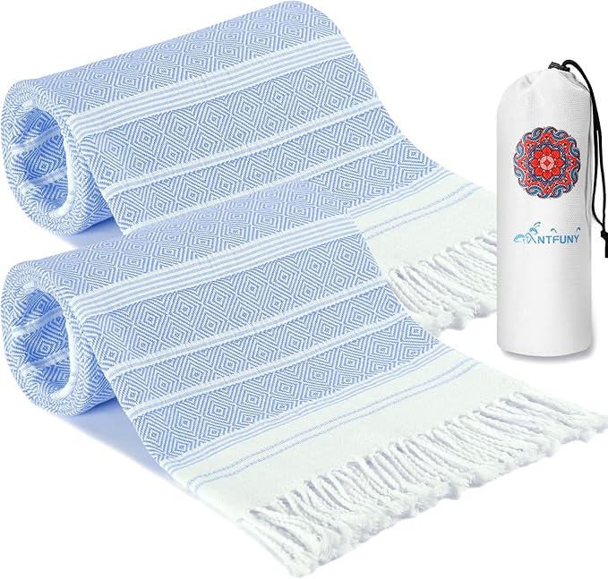 2 Pack Antfuny Turkish Beach Towel Vacation Essentials Quick Dry Sand Free Soft Absorbent Adult Oversized Bath Pool Swim Long Wide Stripe Towel Sound Cloud Linen Mat Summer Thing Lightweight Thin Blue