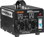 VEVOR Voltage Converter Transformer, 1000VA, Heavy Duty Step Up/Down Power Transformer, Convert from 110V to 220V and 220V to 110V, with EU & US Outlets, US Power Cord, Circuit Breaker Protection
