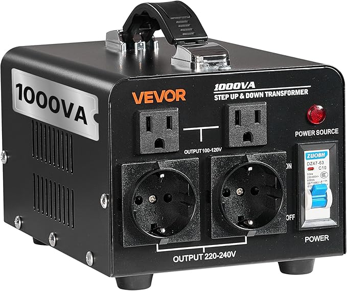 VEVOR Voltage Converter Transformer, 1000VA, Heavy Duty Step Up/Down Power Transformer, Convert from 110V to 220V and 220V to 110V, with EU & US Outlets, US Power Cord, Circuit Breaker Protection