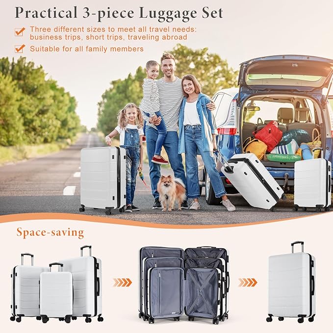 Sweetcrispy 3 PCS Luggage Set, Spinner Wheels Lightweight Expandable Travel Hard Shell Suitcase with TSA Lock, Cream White(20/24/28 inch)