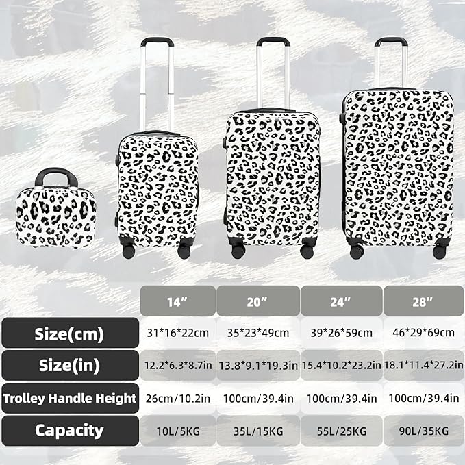 Luggage Sets 4 Piece Leopard Print, ABS+PC Hardside Suitcase Set with 360° Silent Spinner Wheels, TSA Lock, Lightweight Rolling Travel Luggage with Adjustable Handle, 14/20/24/28 Inch (Leopard White)