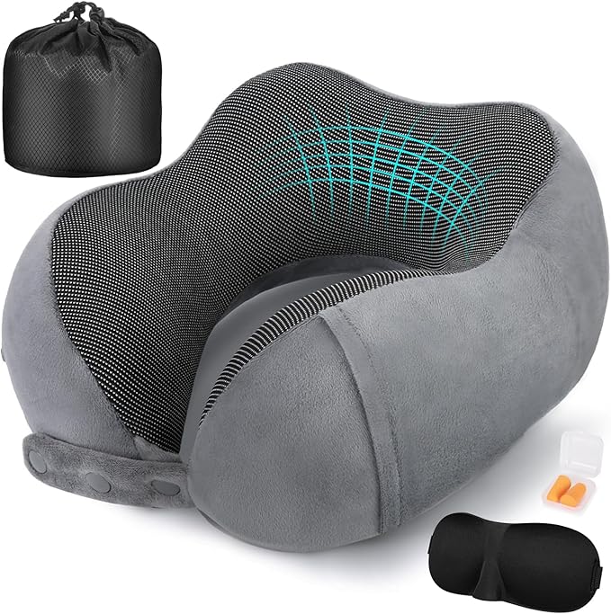 Cirorld Neck Pillow for Traveling, Travel Pillows for Airplanes,100% Pure Memory Foam Travel Neck Pillow, Adjustable Flight Pillow, Portable Plane Accessories with Eye Mask, Earplugs, Carry Bag