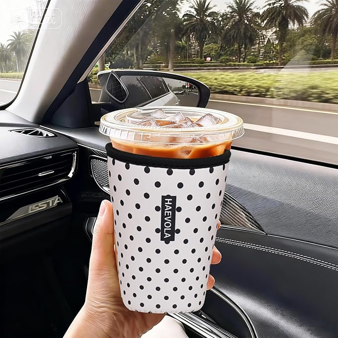 Reusable Insulated Neoprene Iced Coffee Cup Sleeve, Durable Drink Sleeve for Cold Beverages, Beverage Holder for Iced Coffee, Black Polka Dots