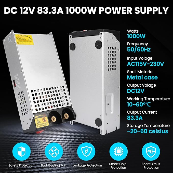110V to 12V DC Converter 83.3A 1000W Power Supply, 120V to DC 12v Converter 83.3A Power Supply 1000W for RV, Pump, LED Strip, LCD Monitor