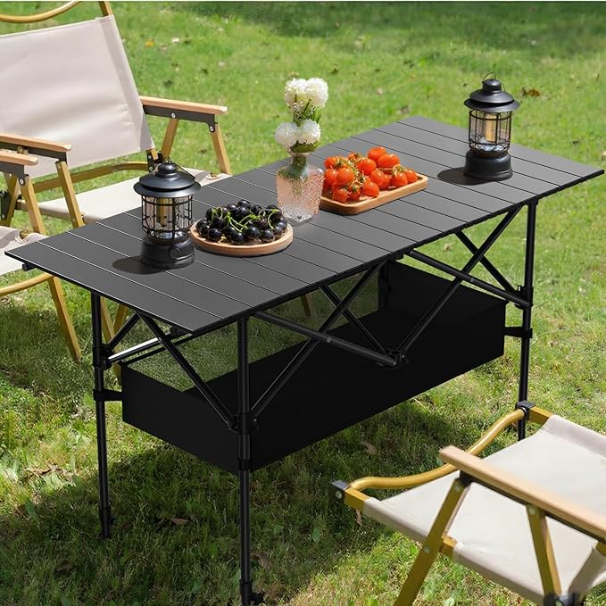 4FT Folding Camping Table,Portable Roll-up Picnic Table with Carry Bag & Mesh Storage,Lightweight Camp Table for Camping,Picnic,Backyard,Party,Patio,BBQ