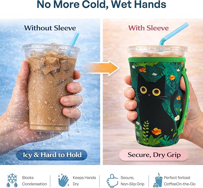 KJQJLY 3 Pack Reusable Iced Coffee Sleeves for Iced Coffee Cups or Drinks Reusable Neoprene Insulated Sleeves for Hot and Cold Drinks from Starbucks, Dunkin, And More (Black Cat)