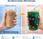 KJQJLY 3 Pack Reusable Iced Coffee Sleeves for Iced Coffee Cups or Drinks Reusable Neoprene Insulated Sleeves for Hot and Cold Drinks from Starbucks, Dunkin, And More (Black Cat)