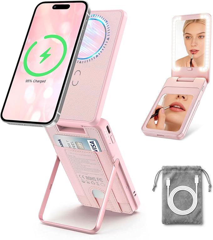 5-in-1 Magnetic Wireless Power Bank, 5000mAh Portable Charger with Mirror, Stand, Bluetooth Remote & Card Holder, MagSafe Compatible Travel Essential for iPhone&Samsung, USB-C Cable Included, Pink