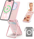 5-in-1 Magnetic Wireless Power Bank, 5000mAh Portable Charger with Mirror, Stand, Bluetooth Remote & Card Holder, MagSafe Compatible Travel Essential for iPhone&Samsung, USB-C Cable Included, Pink