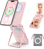 5-in-1 Magnetic Wireless Power Bank, 5000mAh Portable Charger with Mirror, Stand, Bluetooth Remote & Card Holder, MagSafe Compatible Travel Essential for iPhone&Samsung, USB-C Cable Included, Pink