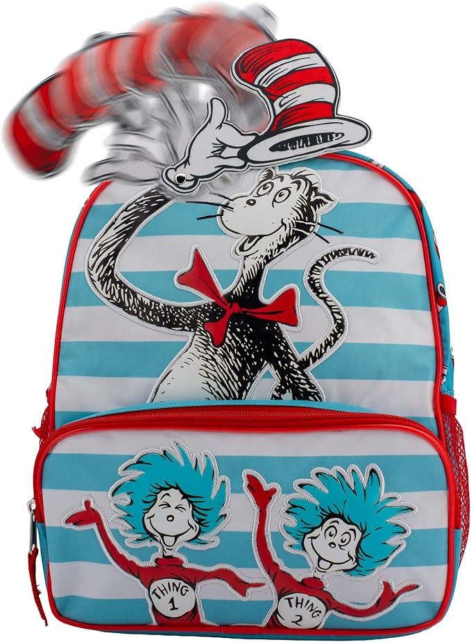 AI ACCESSORY INNOVATIONS Dr. Seuss's The Cat In The Hat Mini Backpack, 12" x 10" x 4", Kids School Bag with Thing One and Thing Two Design, White/Red/Blue