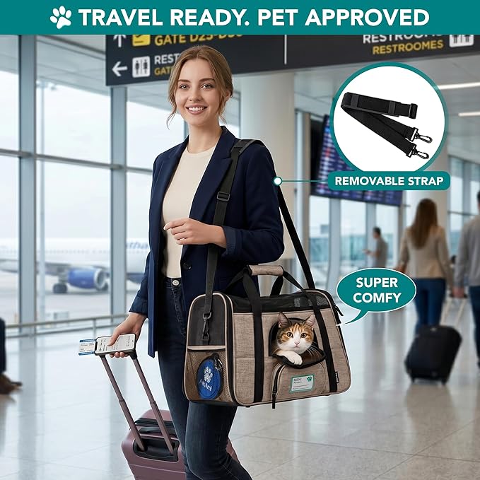 PetAmi Airline Approved Pet Carrier for Cats & Small Dogs, Soft Sided TSA Travel Carrier Bag with Sherpa Bed, Breathable Mesh Ventilation, Collapsible Bowl, Up to 18 lbs, Large Heather Taupe