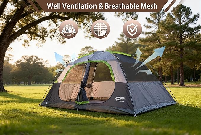 CAMPROS CP Upgraded 6/8 Person Camping Tents, Waterproof Windproof Family Tent with Larger Mesh Windows & Door, Double Layer, Easy Set Up, All-Season Dome Tent with Top Rainfly & Carry Bag