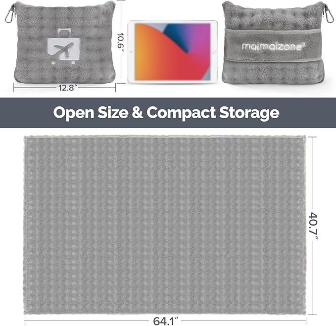 Gray Travel Blanket for Airplane, Soft Lightweight Flannel Blanket, Compact & Portable with Storage Bag, Luggage Strap & Clip, Cozy Travel Essential for Flights, Road Trips & More,40.7''×64.1‘’