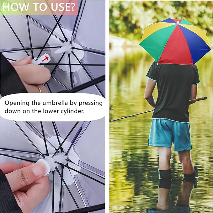 3 Pack Umbrella Hat, Sports Head Umbrella Hats for Adult Women, 26" Diameter Folding Waterproof Rainbow Fishing Headwear for Outdoor Party Beach Hiking
