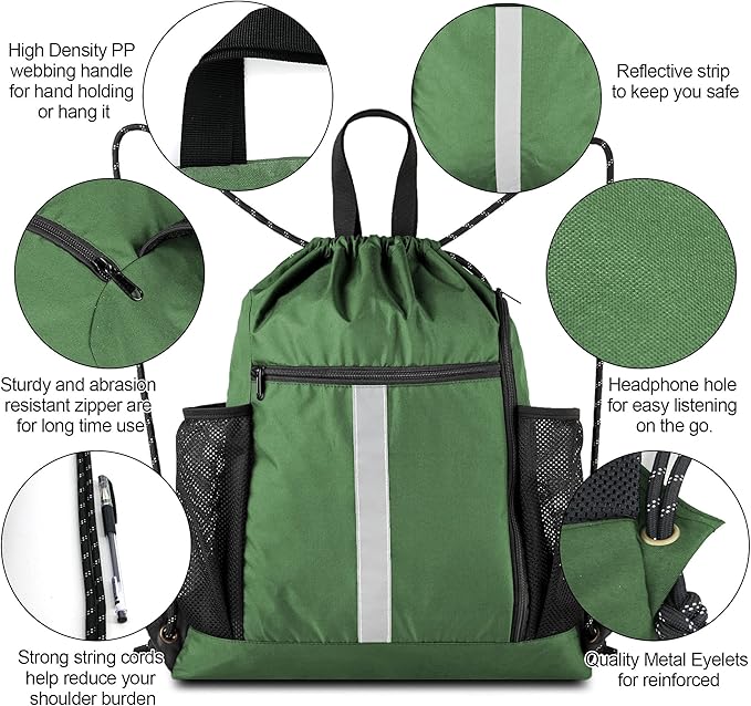 BeeGreen Green Drawstring Bag Gym Cinch Backpack w Shoe Compartment and Two Side Pockets Machine Washable Sports Sinch Sack String Sackpack for Swim Equipment Beach Travel