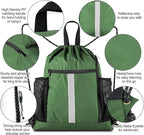BeeGreen Green Drawstring Bag Gym Cinch Backpack w Shoe Compartment and Two Side Pockets Machine Washable Sports Sinch Sack String Sackpack for Swim Equipment Beach Travel