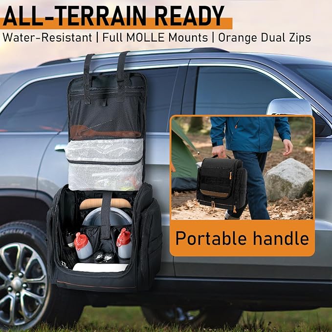 ORKELS Tactical Camping Kitchen Organizer Bag – Hanging Camp Cookware Storage with Paper Towel Holder, Portable Utensil Organizer for BBQ, Hiking, RV Cooking Essentials – Bag Only