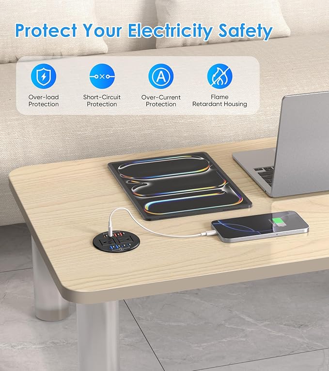 102W Recessed Power Grommet with 8 USB Ports, 3.15 inch Desk Grommet Power Strip for Conference Rooms, Office Tables, Furniture, 6FT Cord