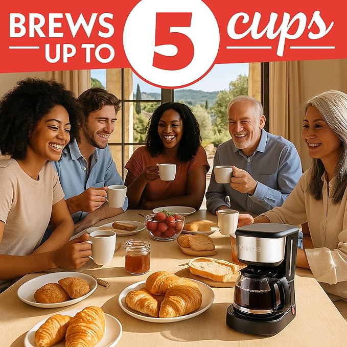 Gourmia Coffee Maker – 5 Cup, One-Touch Brew, Pause & Serve, Automatic Keep Warm, Stainless Steel Accents, Black