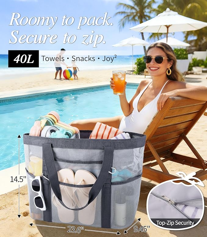 2026 Stylish & Spacious XX-Large Beach Bag for Women – Mesh × Canvas Tote with Top Zipper, 11 Tall Pockets | 40L+ Spacious, 11 Tall Pockets, Zipper Pouch, Secure Zip-Top, Sand-Resistant Base