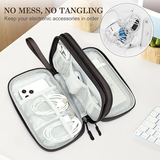 FYY Electronic Organizer, Travel Cable Organizer Bag Pouch Electronic Accessories Carry Case Portable Waterproof Double Layers Storage Bag for Cable, Charger, Phone, Earphone, Medium Size, Coffee