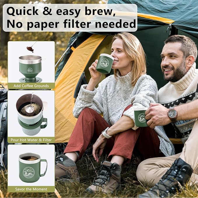 Stainless Steel Pour Over Coffee Filter, Reusable Dripper for Insulated Mugs, Paperless Coffee Maker for Hiking, Camping & Outdoor Adventures, Rinse-clean & Portable - Green