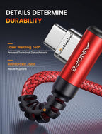 AINOPE USB C Cable 60W 2-Pack 6.6ft Nylon Braided USB C to USB C Cable Type C Charger Fast Charging Right Angle USBC Cable Charger Cord for iPhone 16 Pro Max 15 Plus Samsung S24 S23 iPad Pro Red