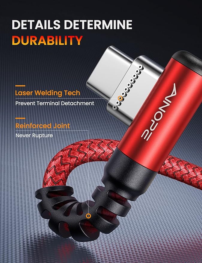 AINOPE USB C Cable 60W 2-Pack 10ft Nylon Braided USB C to USB C Cable Type C Charger Fast Charging Right Angle USBC Cable Charger Cord for iPhone 16 Pro Max 15 Plus Samsung S24 S23 iPad Pro Red