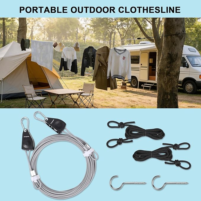 Retractable Clothesline Outdoors, Travel Clothes Drying Line, Heavy Duty Dual Pulley System with Nylon-Coated Steel Wire, Portable Laundry Line for Camping, Backyard, RV, Cruise Ships (40Ft)