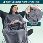 PAVILIA Travel Blanket and Pillow, Arms Opening Airplane Blankets for Adults, Compact Plane Blanket with Arm Hole 2-in-1 Bag for Flight Car Camping Fit in Luggage Backpack Traveler Gift, Dark Gray