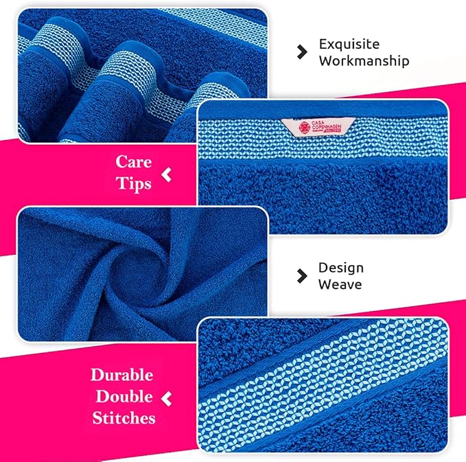 CASA COPENHAGEN Solitaire 6Pcs 100% Egyptian Cotton Large Designer Towels Gift Set- Grey - Electric Blue, 600GSM, 2Bath 2Hand 2Washcloths, Bath Towels for Bathroom Set for Women & Men