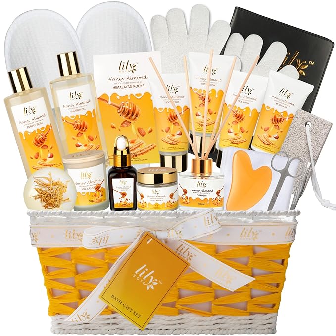 Gifts for Women & Men, Gift Basket for Mom & Dad - Luxurious Honey Almond Bath and Body Basket Set for Women, Spa Gift Set for Mom, Spa Kit | Valentines Day, Birthday Gifts, Christmas Gift Sets