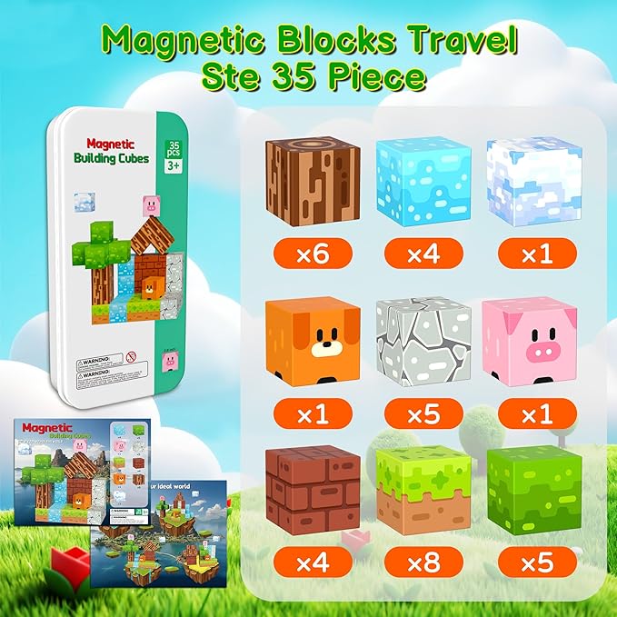 Magnetic Blocks Minecraft-Style Magnetic Building Blocks Cubes - 35PCS Tin Box Magnet Toys Travel Set STEM Educational for Kids Ages 4-8 6-8 8-12 Year Old Boys Girls Birthday Christmas