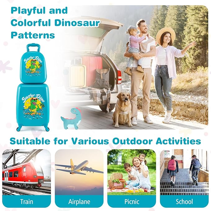 BABY JOY 2 PCS Kids Luggage, 16” Carry-on Hardshell Suitcase with Wheels & Hardside Backpack for Boys Girls, Airline-Approved Toddler Travel Luggage Set (Dinosaur)