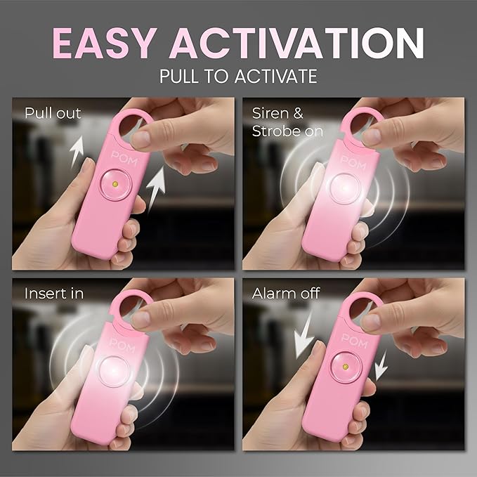 POM Personal Safety Alarm for Women – 130dB Loud Emergency Siren, USB-C Rechargeable with Bright LED Flashlight, Portable Keychain Design for Self Defense, Purse, Backpack & Travel (Pink)