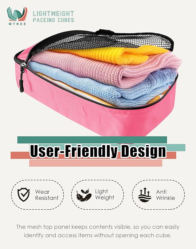 WTREE 4-Piece Packing Cubes Travel Accessories Set for Suitcases - Luggage Organizer Bags with Double Zipper - Mesh Top - Medium - Pink